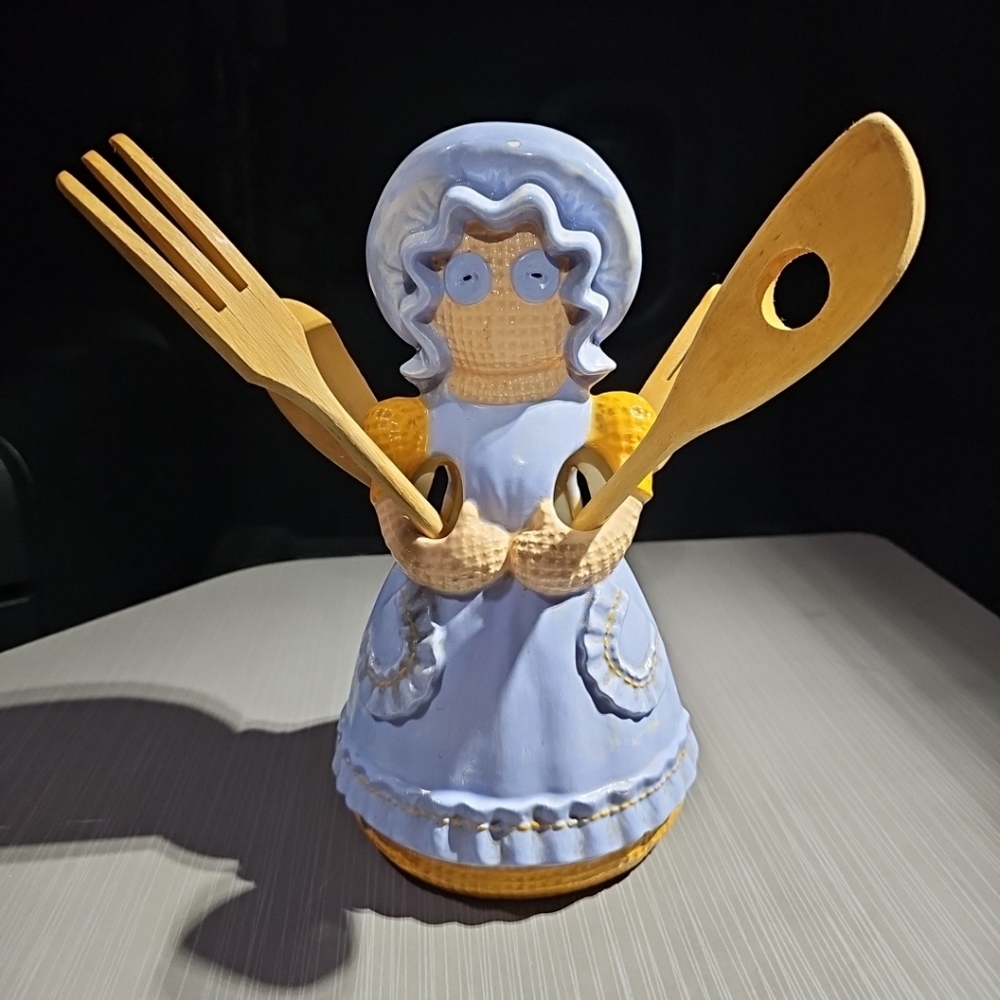 Vintage Sittre Ceramic Burlap Doll Utensil Holder‎ & Wooden Spoon 1979 Decor 11"